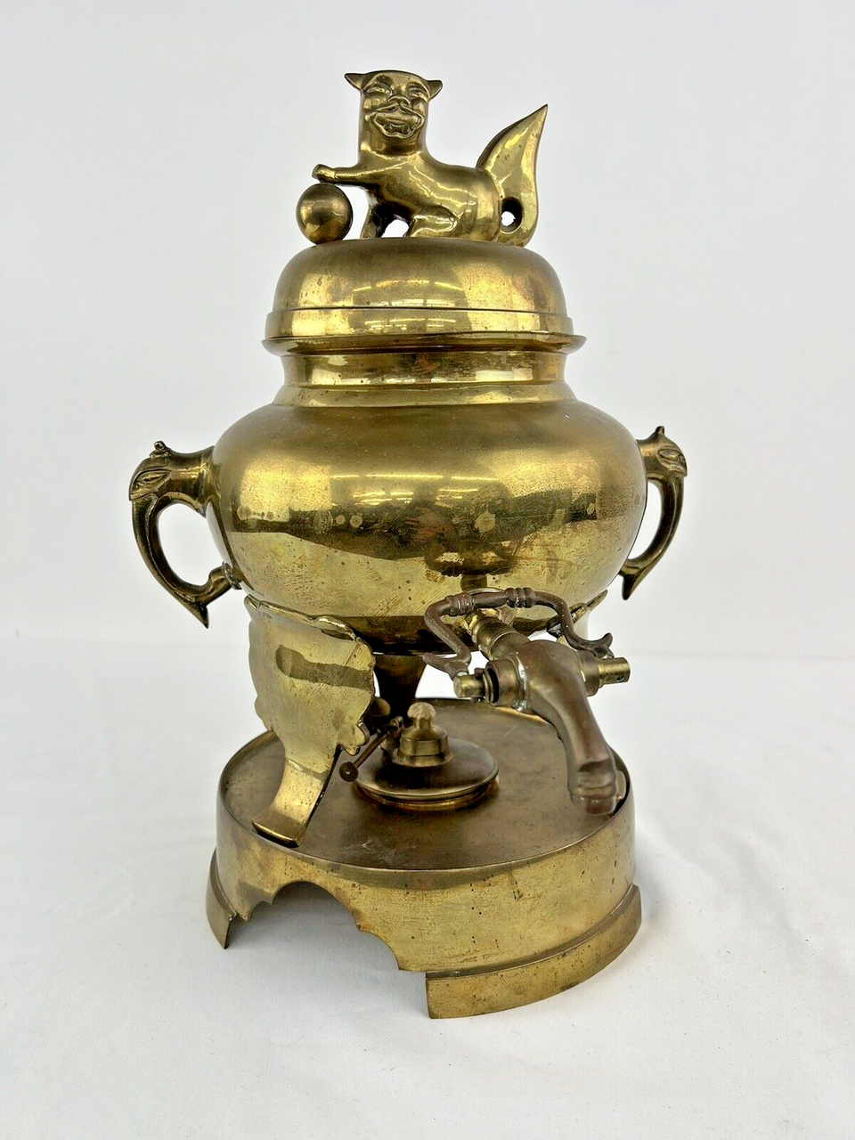 Vintage Asian Brass Samovar Censer Converted to Hot Water Pot w/ Foo D