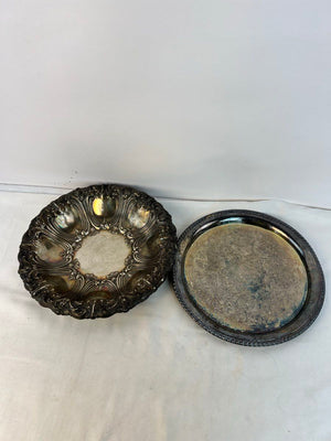 Vintage Floral Scalloped Edge Silver Plated Dish Bowl & WM Rogers Scroll Plate