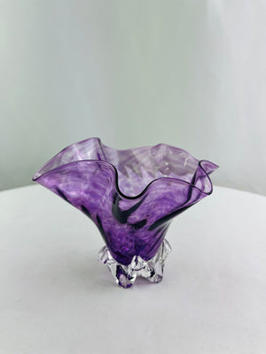 Bohemian Czech Purple Hand Blown Ruffled Glass Bowl 6.5" Signed 07