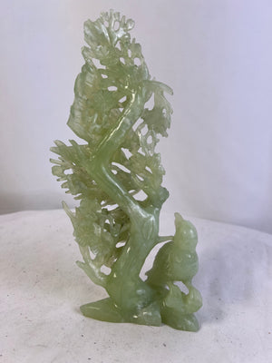 Vintage Chinese Carved Bowenite Serpentine Green Stone Birds Tree Figurine 9.75"