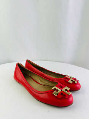 Tory Burch Everly Red Leather Ballet Flats Women's 8.5M Gold Logo