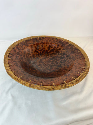 Vintage Indonesian Sasak Sasaki Pottery Bowl with Woven Rattan Rim 21 Inches