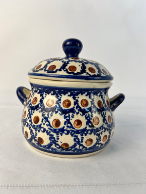 Vintage Boleslawiec Polish Pottery Peacock Pattern Covered Canister Sugar Bowl