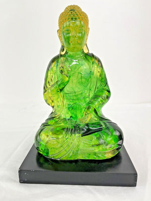 Vintage Citrine Green Lucite ~10" Sitting Buddha Statue Figurine on Black Base