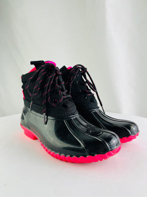 Tommy Hilfiger Haryett Neon Pink/Black PVC/Canvas Duck Boots Womens 8M
