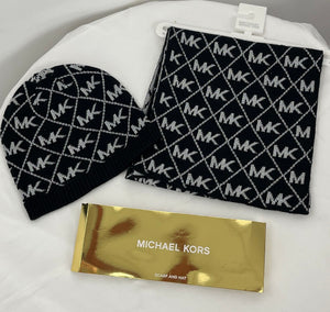 Michael Kors Black Metallic Silver Signature Log Scarf & Hat NWT MSRP $98