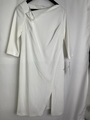 Calvin Klein Asymmetric Fold Over Neck Front Slit Sheath Dress in Ivory 12 NWT