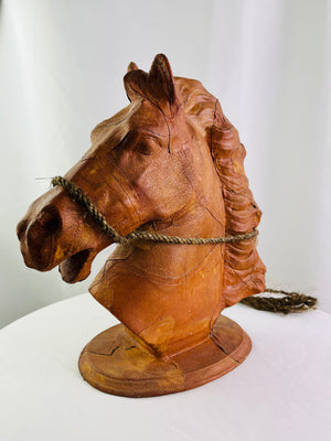 Vintage 17" Leather Wrapped Horse Head Bust Statue Patchwork Western Americana