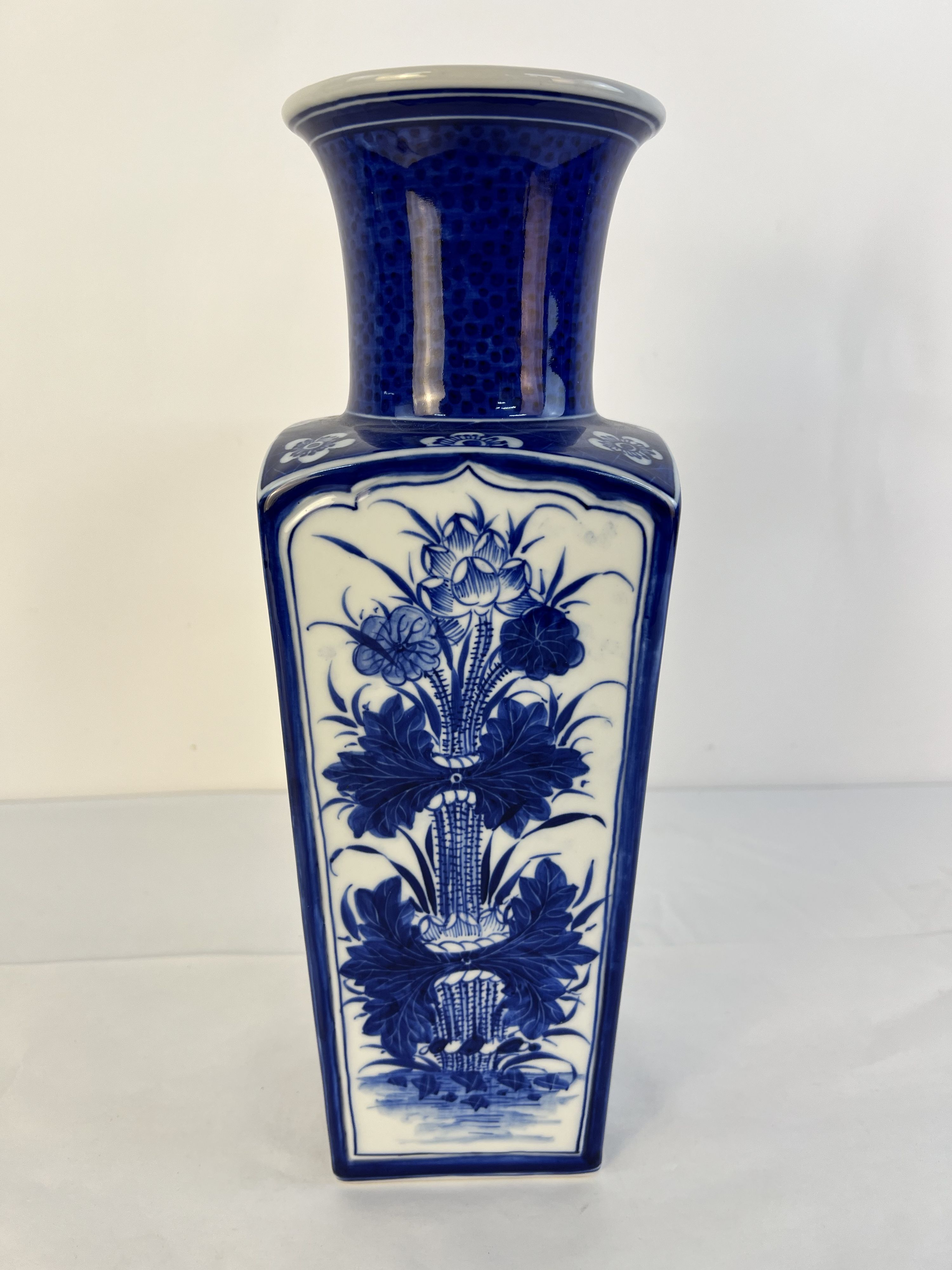 Vintage Square Blue and White Porcelain Vase Hand Painted