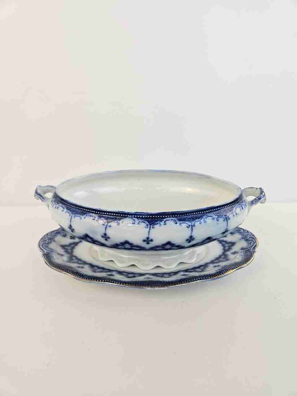 W.H. Grindley Astral Flow Blue Vegetable Dish Oval Tureen + Underplate