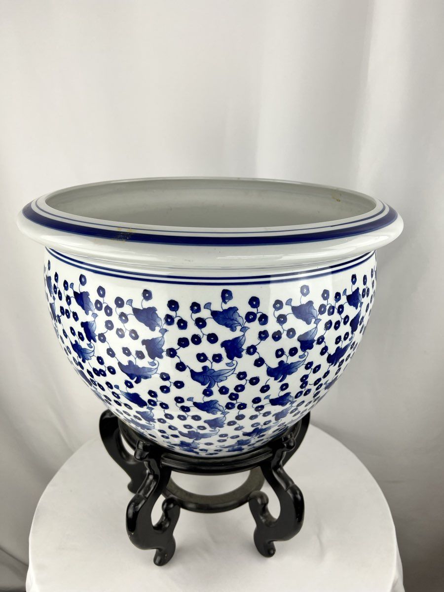 Blue White 19" Porcelain Jardiniere for Indoor or Outdoor w/ Wood Display Stand