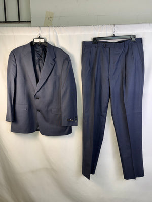 Hart Schaffner Marx Suit Mens 46R Corporate Navy Blue Wool Blend Pleated 2PC