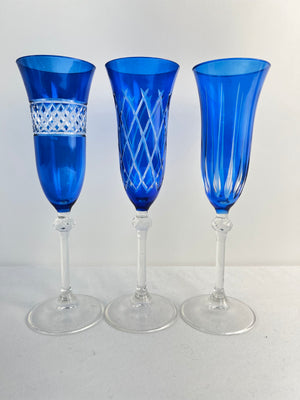 Vintage Cobalt Blue Cut to Clear Crystal Champagne Flutes Glasses Set of 3