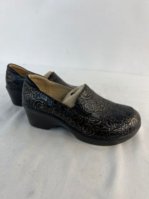 Alegria Women's Emma Comfort Wedge Leather Loafers Black Bronze Bouquet Size 36