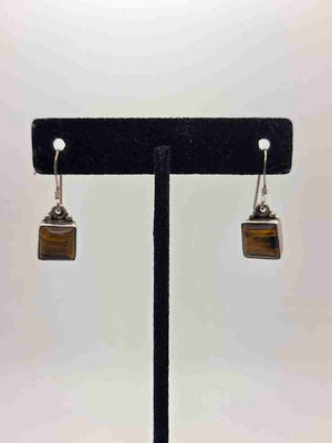 925 Sterling Silver Tiger's Eye Earrings Dangle Vintage 28mm
