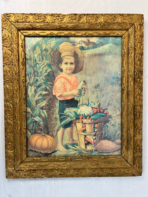 Antique German Folk Art Print Bountiful Harvest Boy Corn Gilt Gesso Frame 22x26"