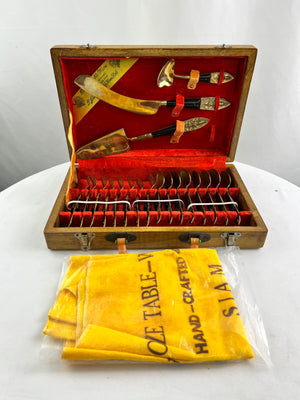 Vintage MCM Rosewood & Brass Flatware Set 19pc Buddha Siam Thailand in Cases