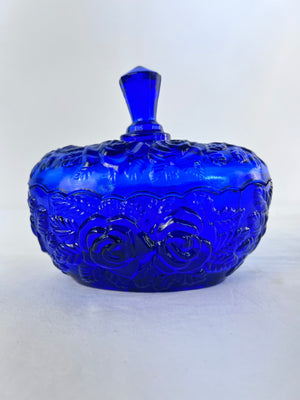 Vtg Cobalt Blue Glass Candy Trinket Dish Lidded Bowl Rose Pattern Scalloped Edge