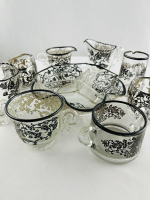 Art Deco Silver Floral Overlay Divided Dish & Cream & Sugar Set of 9 Pieces