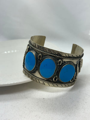 925 Alpaca Mexico Sterling Silver Turquoise Bracelet Cuff 59.6g Vintage 6.25 in.