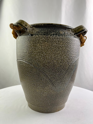 Vintage Studio Pottery Large Stoneware Jar Speckled Green Glaze Rope Handles MCM