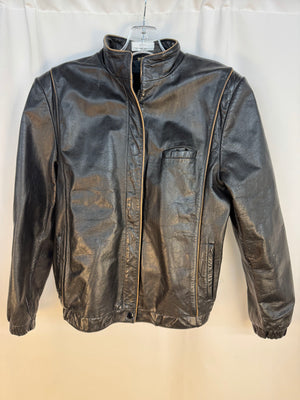 Vtg 80s Leather Bomber Jacket XS S Black Tan Piping Moto Cafe Racer 16.5 P2P
