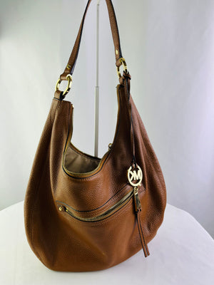 Michael Kors Brown Pebbled Leather Hobo Shoulder Handbag Gold Hardware