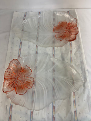 Mikasa Walther Glas Hibiscus Frost Coral Pink Palm Leaf Glass Platter Pair 2 Vtg