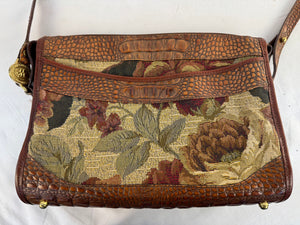 Vintage Brahmin Tapestry Shoulder Bag Floral Croc Leather Crossbody USA Made