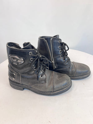 Harley-Davidson Black Leather Combat Moto Boots Side Zip Eagle Plaque Women Sz 6