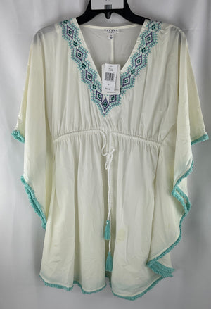 Cabana Life Women's White Teal Aztec Cover Up W/Fringe Size M NWT MSRP $94