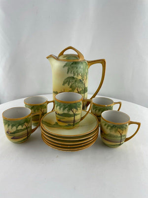 Vintage Nippon Porcelain Hand Painted Tea Coffee Set Yellow Scenery Asian