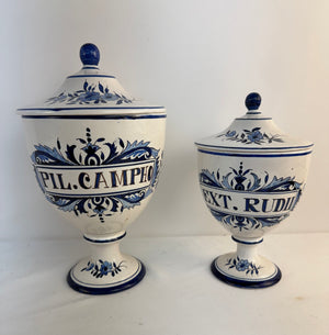 Vtg Vieux Lille Faience Ceramic Apothecary Jars Lidded Pharmacy Pots Set of 2