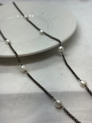 925 Sterling Silver Lab Created Pearl Station Necklace 16.5g 31.5" 30 in.