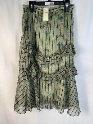 Eva Franco Anthropologie Wellington Stripe Ruffle Midi Skirt Green Floral 4 NWT