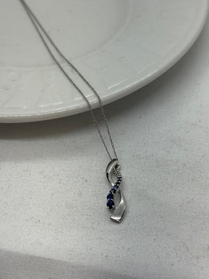10K White Gold Sapphire and Diamond Necklace 2.2g Vintage 18.25 in.