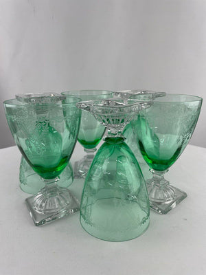 Vintage Uranium Short Stem Etched Goblet Glasses Set of 6 Mid Century Modern