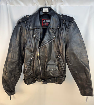 FMC First Manufacturing Black Leather Motorcycle Jacket Biker Men's S - 20 P2P