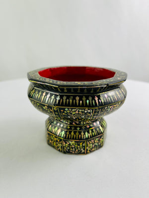 Rare Antique Mother Of Pearl Inlaid lacquer 10-Sided Pedestal Offering Cup