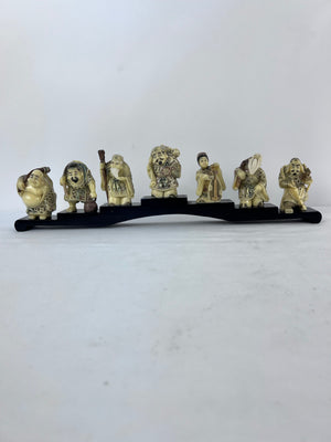VTG Japanese Seven Lucky Gods Shichifukujin Netsuke Carved Figurines Wooden Base