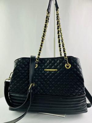 Steve Madden Bpattie Quilted Tote in Black Faux Leather Gold Chain Straps