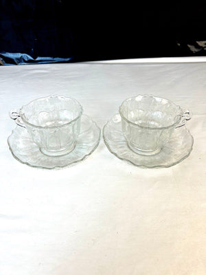 Set of 2 Cambridge Rose Point Shape 3900 Glass Cups & Saucers