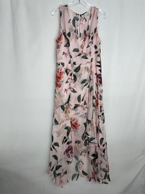 Calvin Klein Chiffon V-Neck Maxi Dress Pink Floral Faux Wrap Hi-Low Size 12 NWT