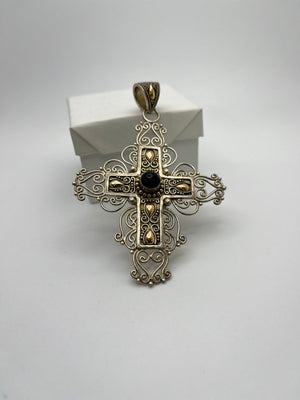 BA Suarti 18K Yellow Gold Pendant 21.3g Cross Pendant Onyx 925 Sterling Silver