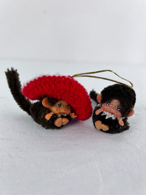 Vintage Sekiguchi Monchhichi Micro Mini Monkey Plush Ornament Pair Red Hat 1.5”