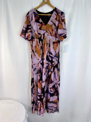 R&M Richards Black Multi Floral Midi Dress Flutter Sleeve Wedding Guest Size 18