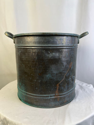 Antique European Copper Bucket Log Holder Planter Heavy Tinned Tub Brass Handles