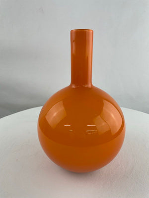 RARE Retro Orange Hand Blown Round Art Glass Bulbous Pencil Neck Vase 10.25