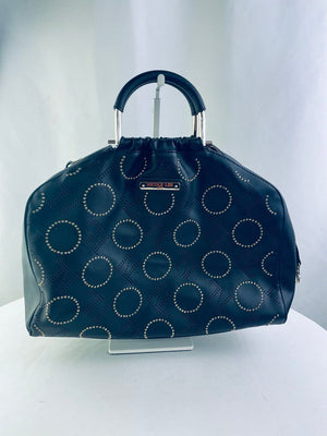 Nicole Lee Monogram Black Vegan Leather Tote Handbag Gold Studded Circles