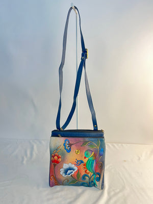 Anuschka Hand Painted Leather Crossbody Bag Tropical Bird Floral Blue 17920